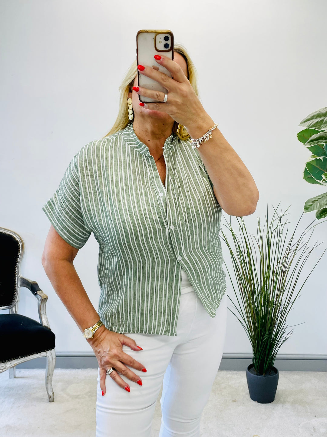 LADIES LINEN PINSTRIPE SUMMER SHIRT - KHAKI, BEIGE, BLUE