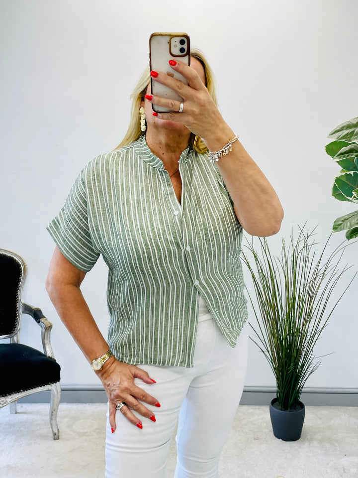 LADIES LINEN PINSTRIPE SUMMER SHIRT - KHAKI, BEIGE, BLUE