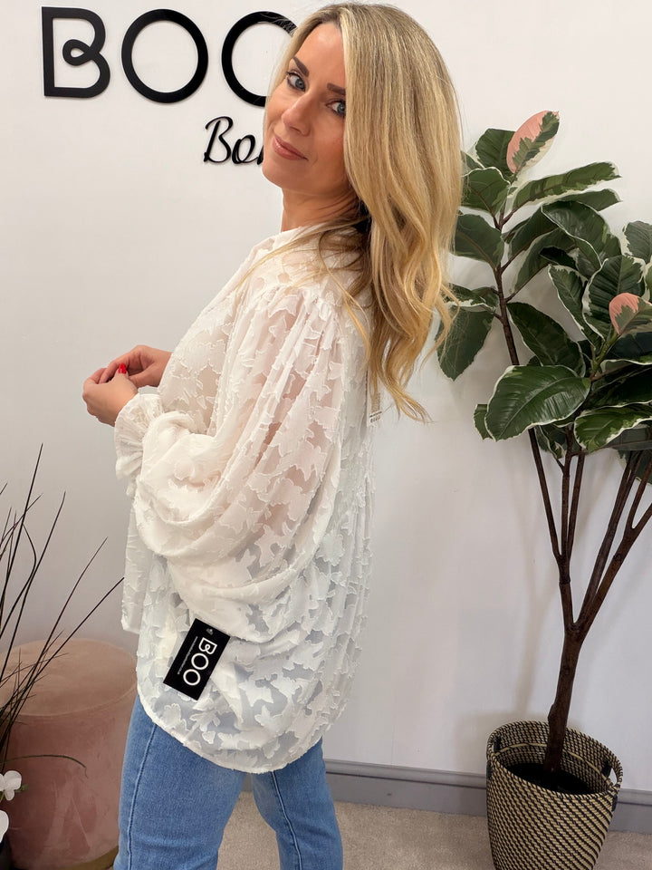 Ladies Fashion Smock V Neck Blouse Top - White, Lemon & Peach