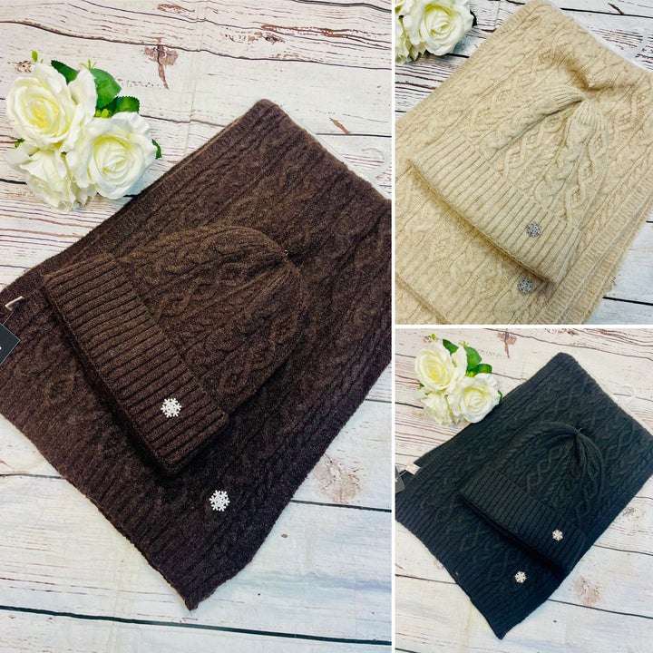 LADIES KNITTED WOOLY HAT AND SCARF SET - BLACK, BROWN & BEIGE