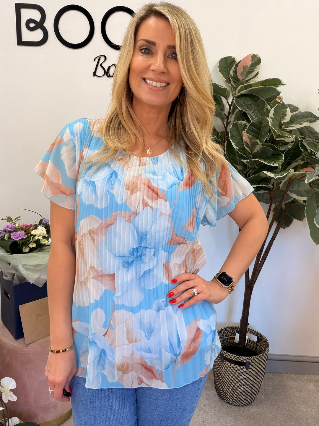 Ladies Fashion Floral Print Pleated Chiffon Blouse Top - pink, white, blue & lemon