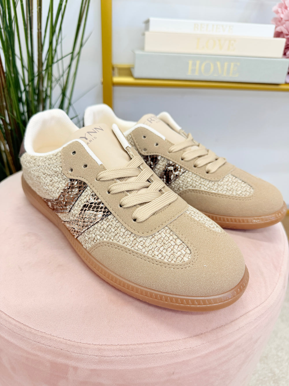 Ladies Fashion Beige Flat Inspired Stripe Trainers 