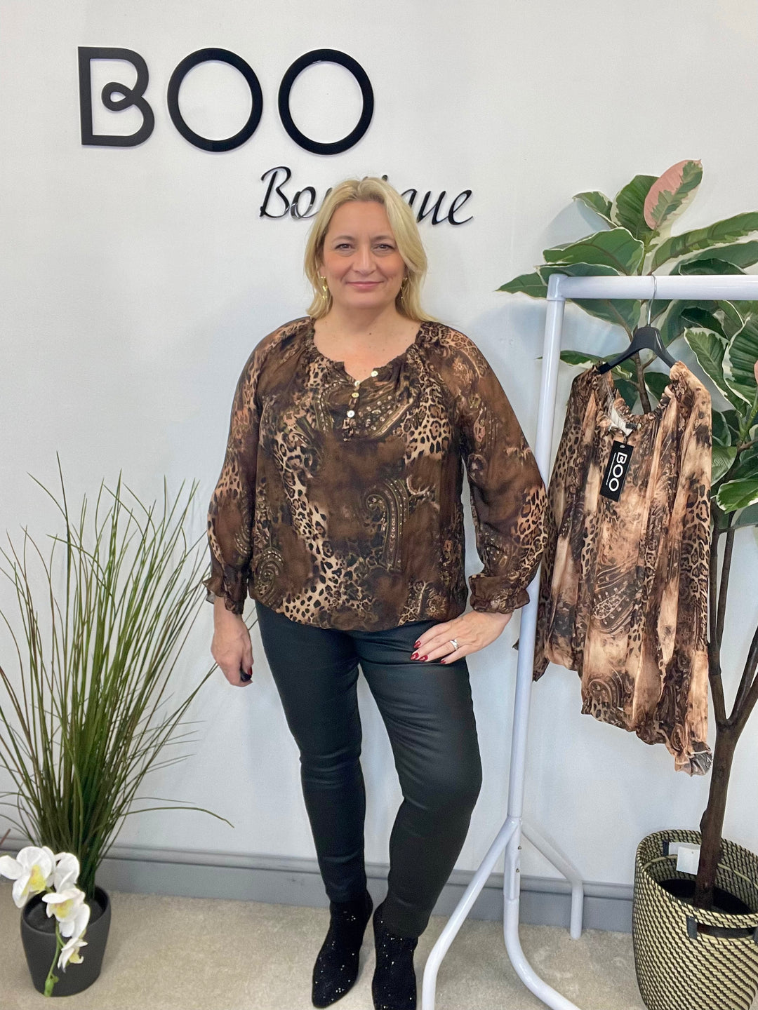 LADIES ANIMAL PRINT CHIFFON BARDOT TOP - CAMEL & BROWN