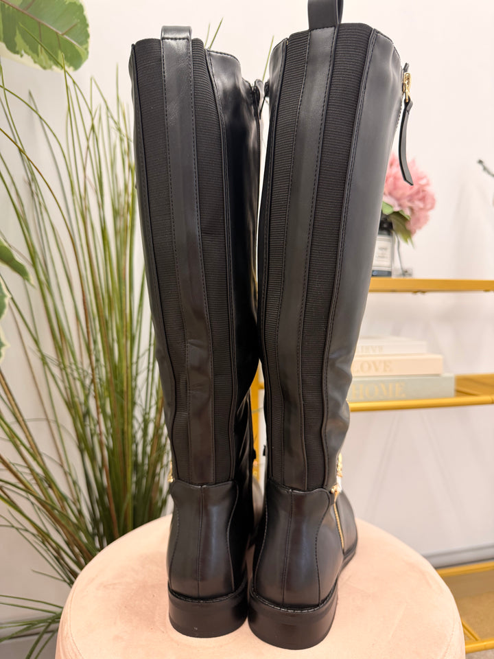 Ladies Flat Black Calf High Riding Boots