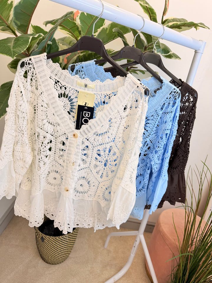 Ladies Broderie Anglaise & Lace Bolero Cardigan - White, Blue & Brown