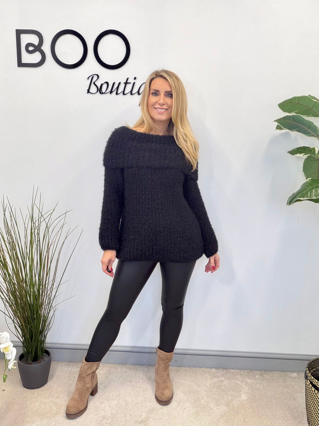 LADIES FLUFFY KNIT BARDOT JUMPER - MINT, BLACK, CREAM, PINK, LEMON & MOCHA