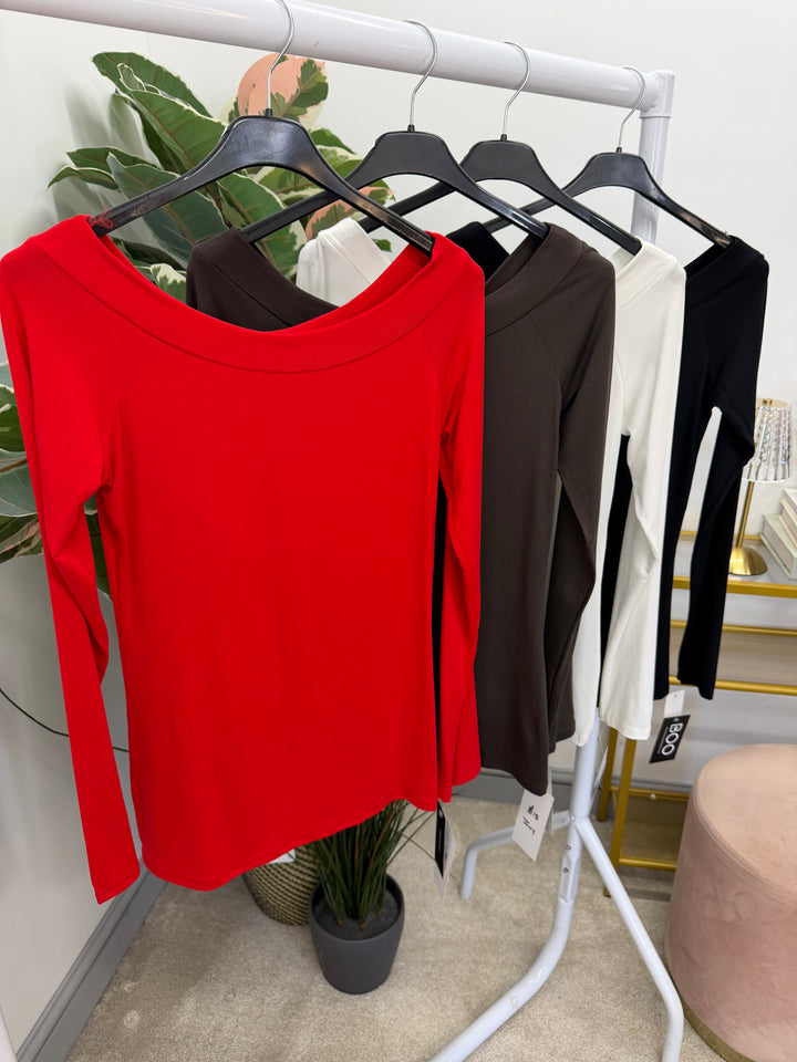 Ladies Fashion Boat Neck Fitted Long Sleeve Top - Red, Black, White & Brown