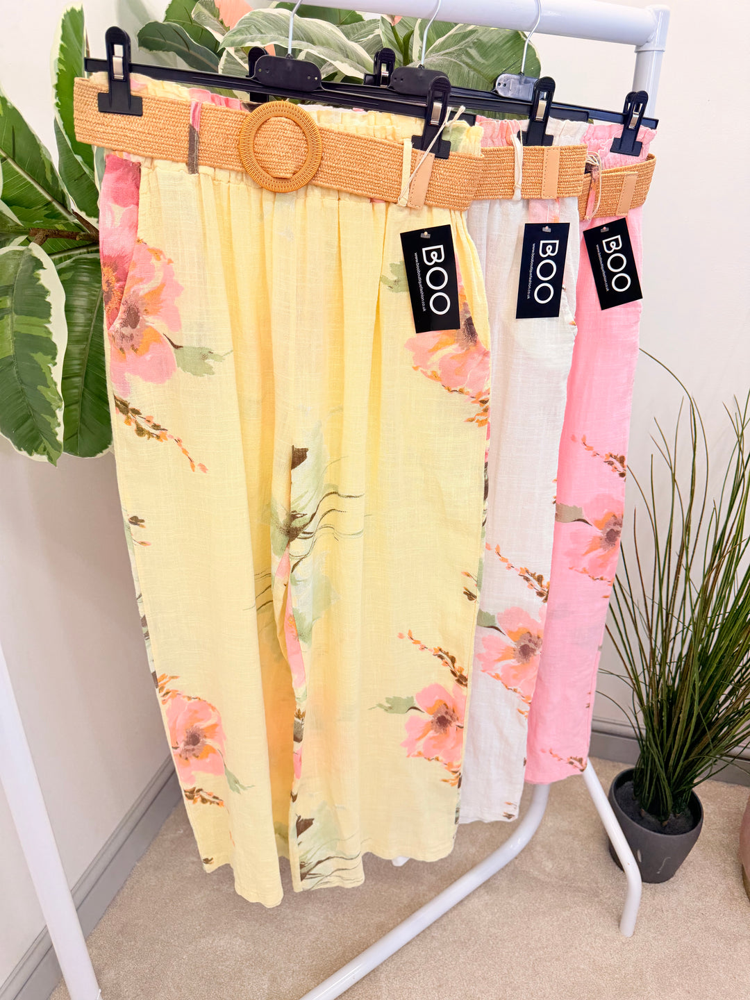Ladies Fashion Flower Print Light Linen Wide Leg Trousers - White, Pink & Lemon