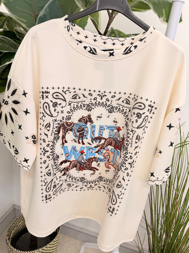 Ladies Fashion Cowboy Short Sleeve Top - Pink, White, Blue