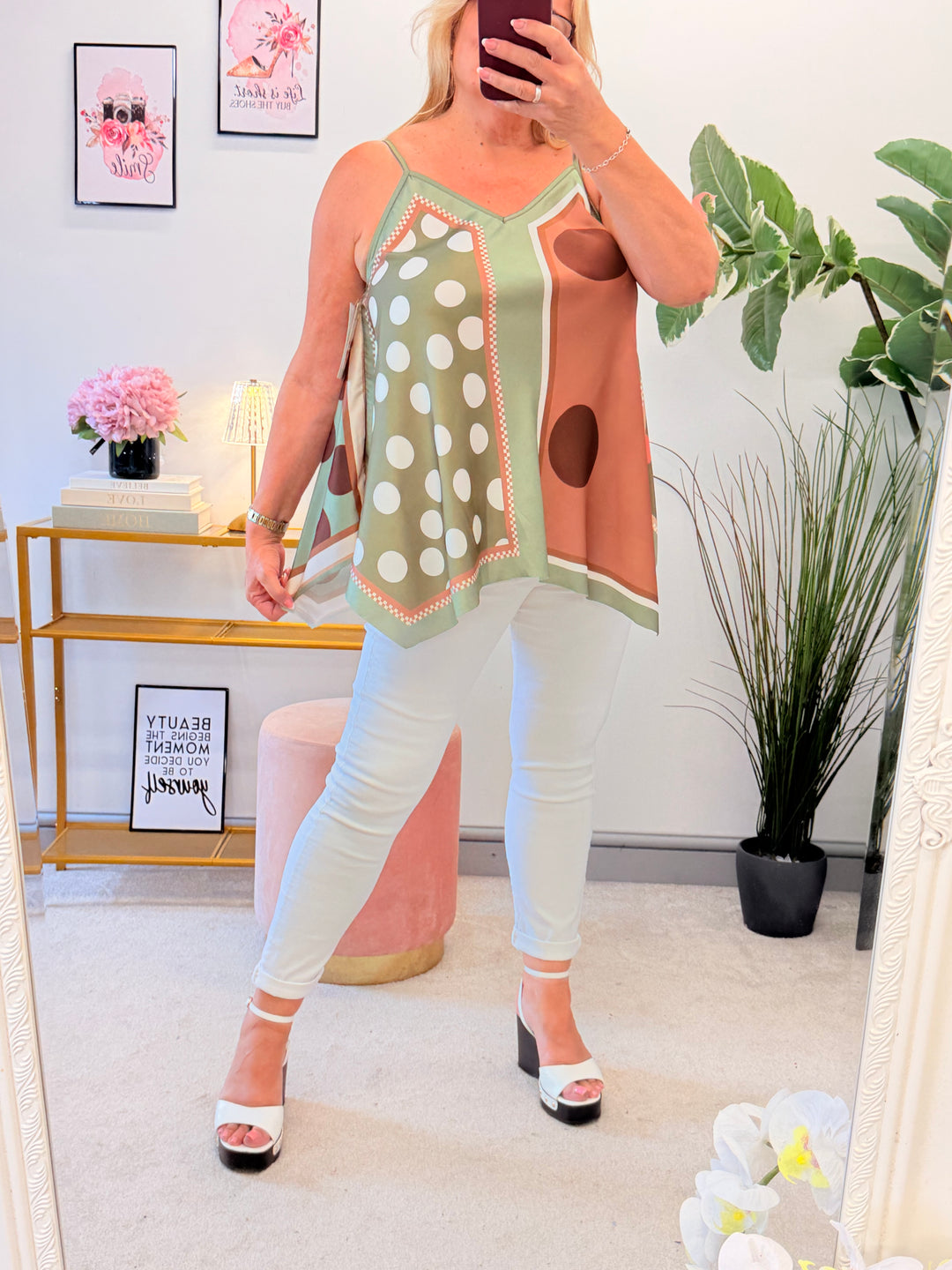 Satin Polka Dot Hankerchief Top - Pink, Khaki, Blue, Lemon