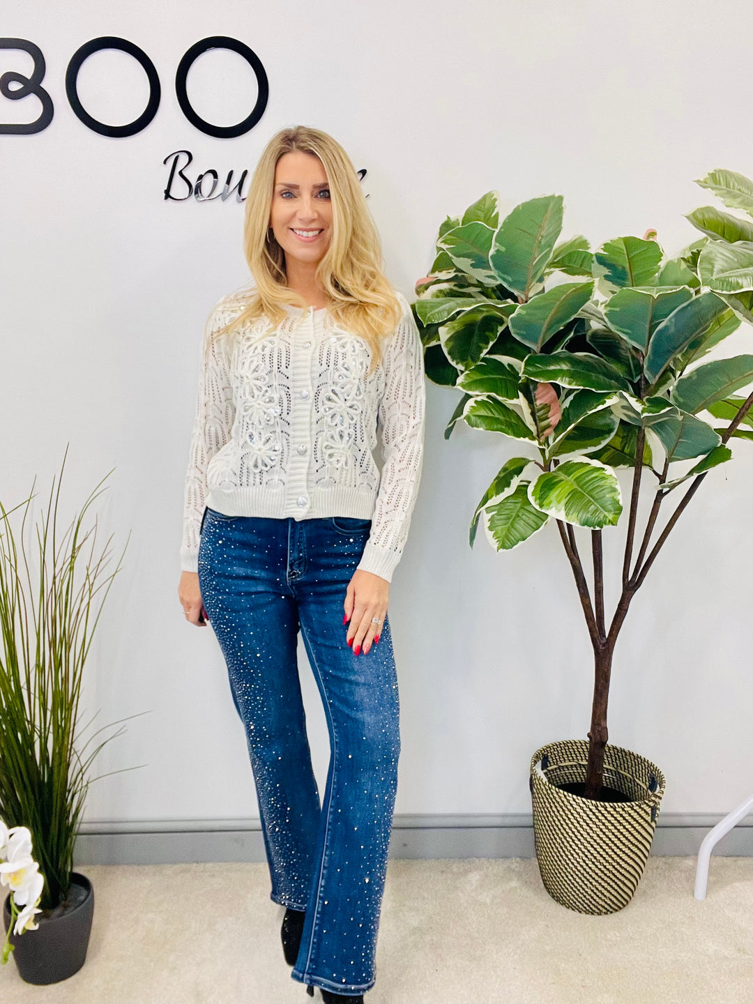 LADIES CROCHET SEQUIN CARDIGAN JUMPER - BLACK & WHITE