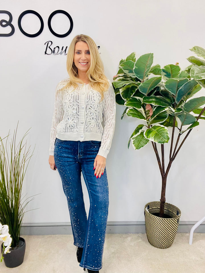 LADIES CROCHET SEQUIN CARDIGAN JUMPER - BLACK & WHITE