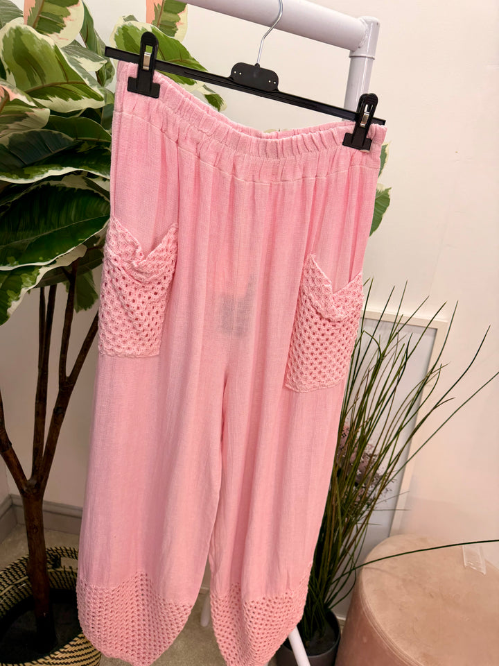 Ladies Crochet Pocket Harem Teabag Linen Trousers candy pink