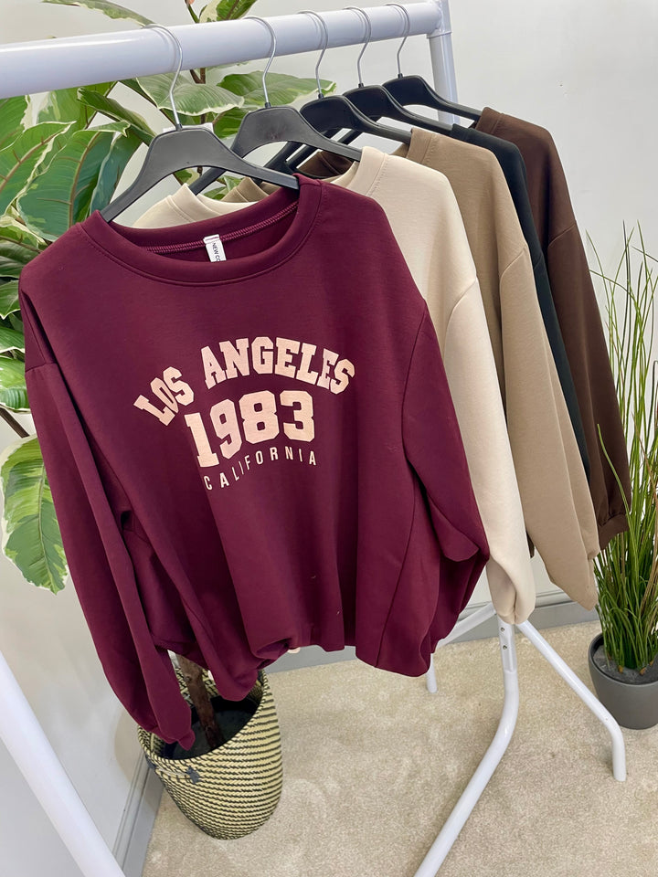 LADIES BUBBLE HEM NEW YORK SWEATSHIRT TOP - BERRY, BLACK, TAUPE, CREAM & BROWN