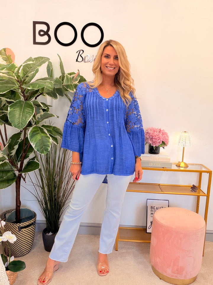 Ladies Lacy Floaty Summer Top - White, Blue, Pink, Lime