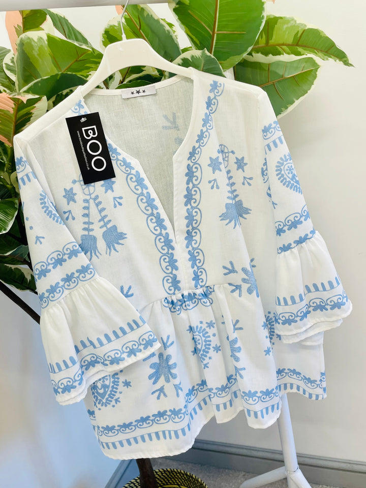 LADIES WOMENS WHITE BOHO SMOCK TOP - BLUE, NAVY & KHAKI