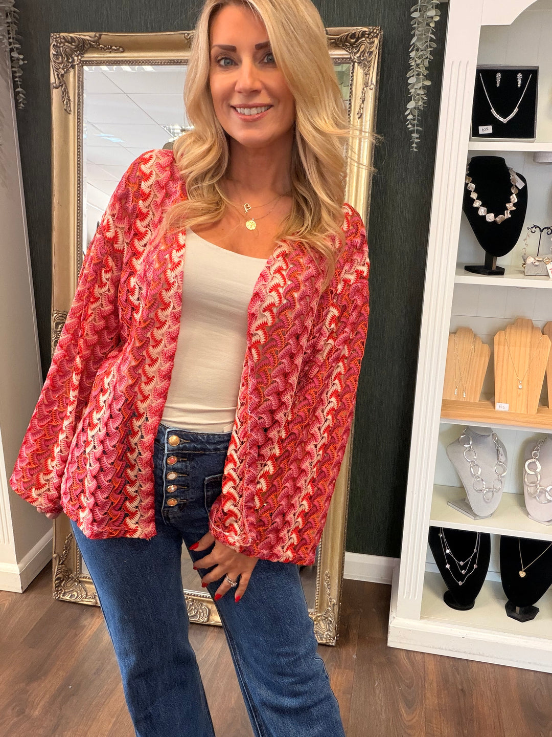 Ladies Crochet Zig Zag Bolero Cardigan Jacket - Black, Rust, Red