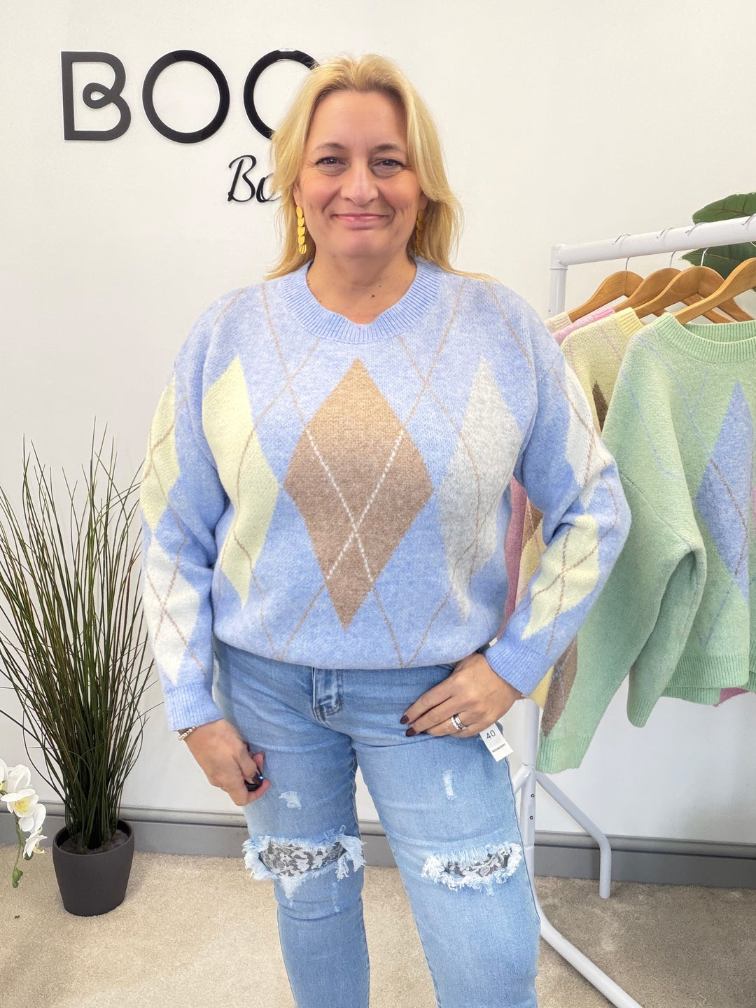 LADIES SOFT KNIT ARGYLE JUMPER - PINK, LEMON, BLUE, MINT & CREAM