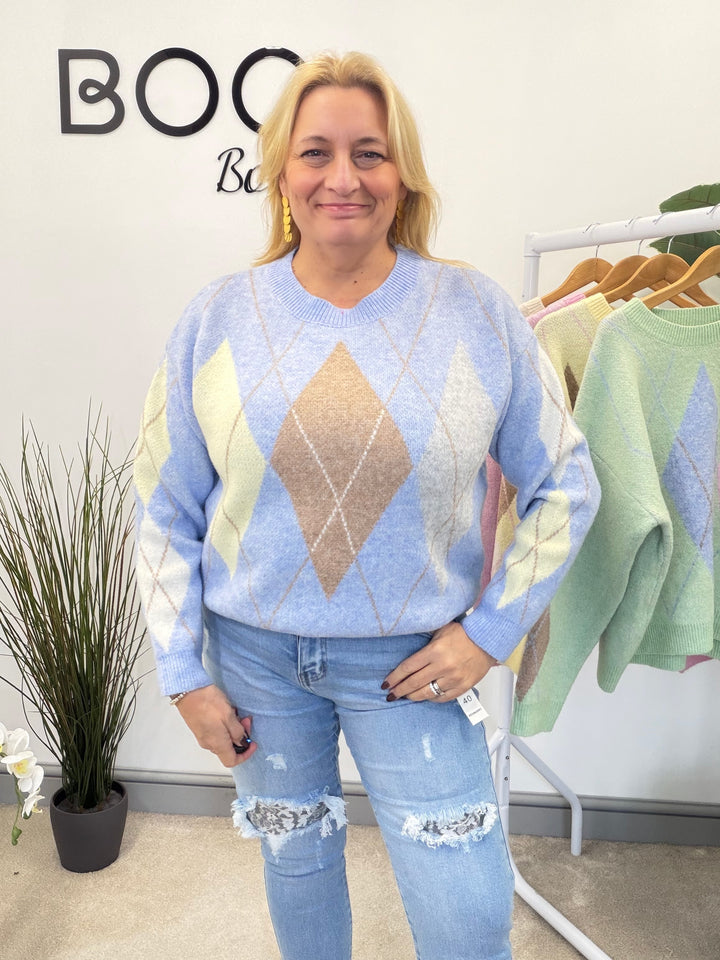 LADIES SOFT KNIT ARGYLE JUMPER - PINK, LEMON, BLUE, MINT & CREAM
