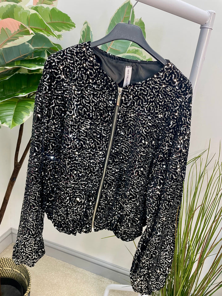 LADIES SEQUIN BOMBER JACKET - BLACK, SILVER, BERRY, BROWN