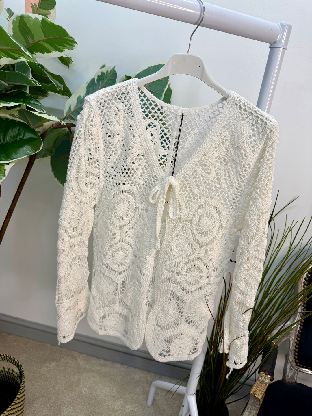 Ladies Fashion Boho Crochet Shrug Cardigan - beige and white