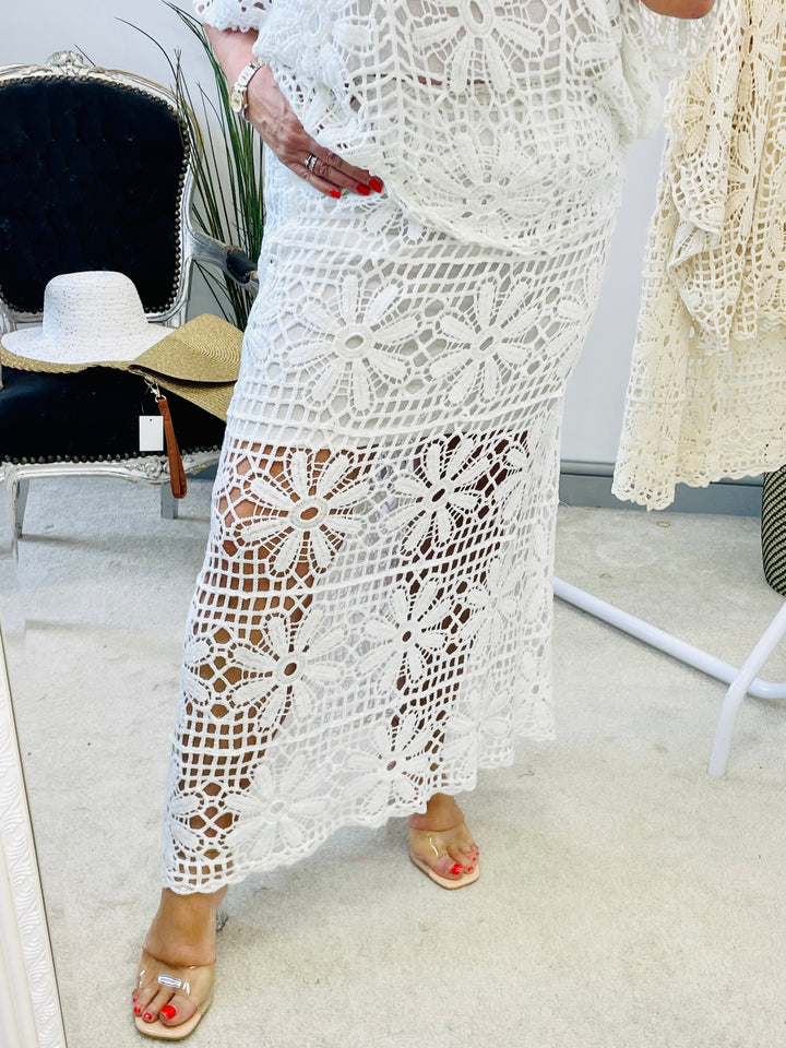 LADIES CROCHET SUMMER HOLIDAY SKIRT & TOP CO ORD SET - WHITE & BEIGE