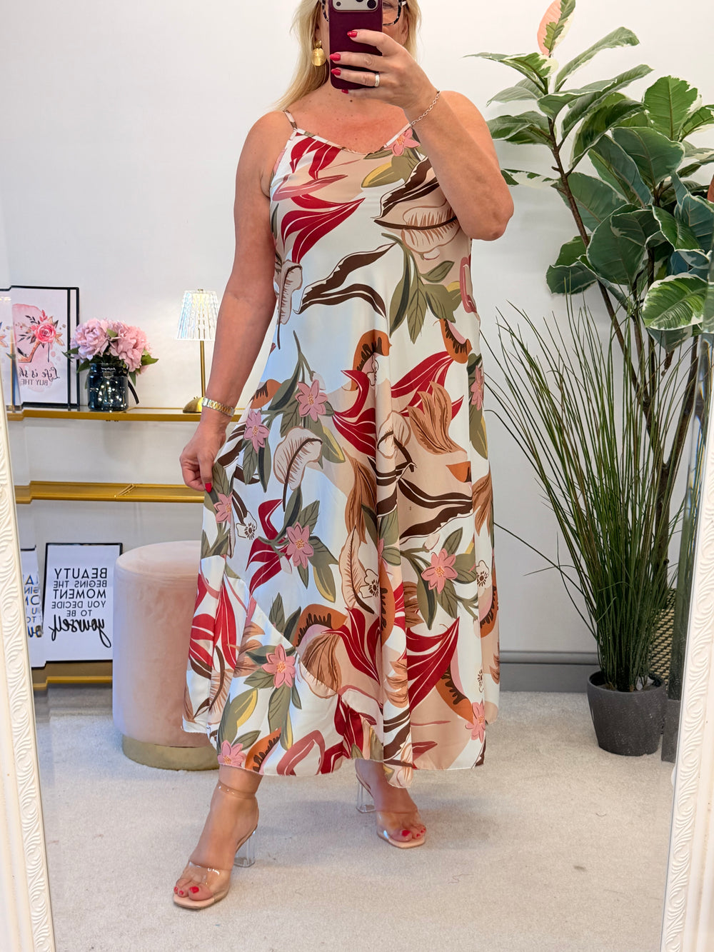 Ladies Cream Red Leaf Print Satin Summer Maxi Strappy Dress