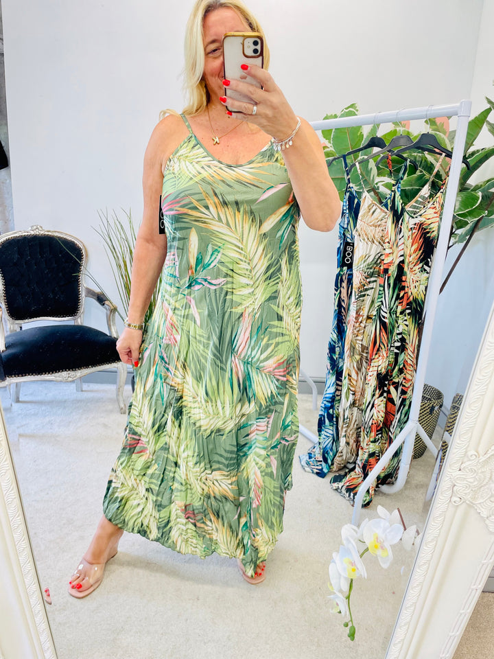 LADIES SATIN PLEATED TROPICAL PRINT SUMMER MAXI DRESS - CREAM, NAVY, KHAKI, BLACK