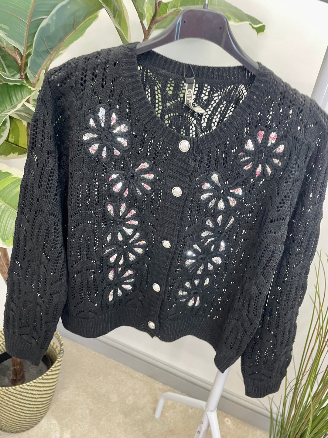 LADIES CROCHET SEQUIN CARDIGAN JUMPER - BLACK & WHITE
