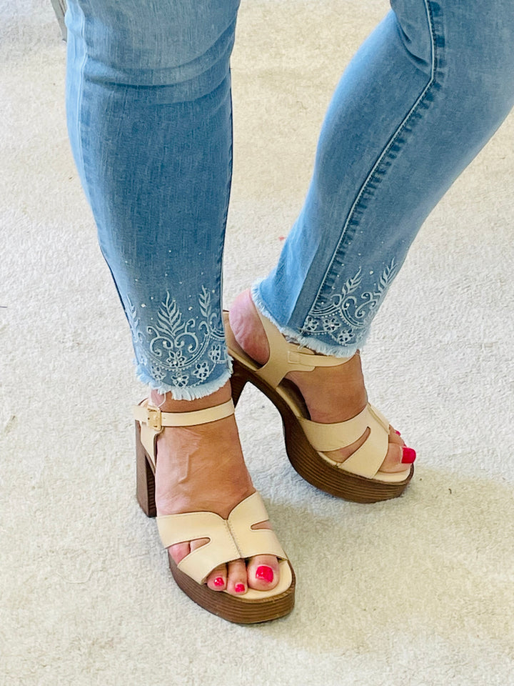 LADIES WOMENS BLUE DENIM SKINNY EMBELLISHED ANKLE JEANS