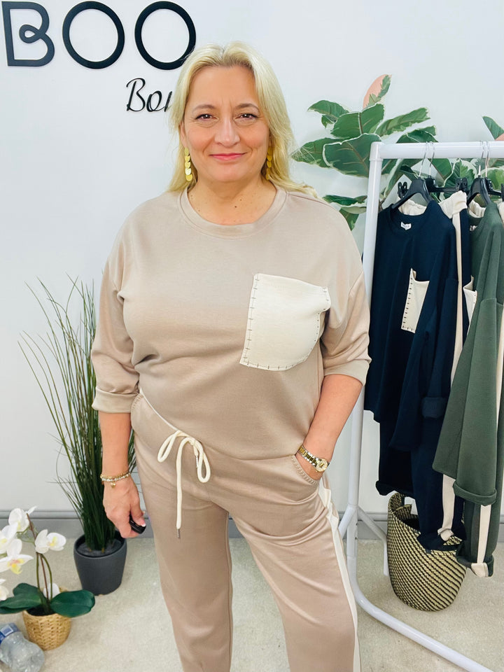 LADIES PATCHWORK POCKET SCUBA TROUSER CO ORD SET - NAVY, KHAKI & BEIGE