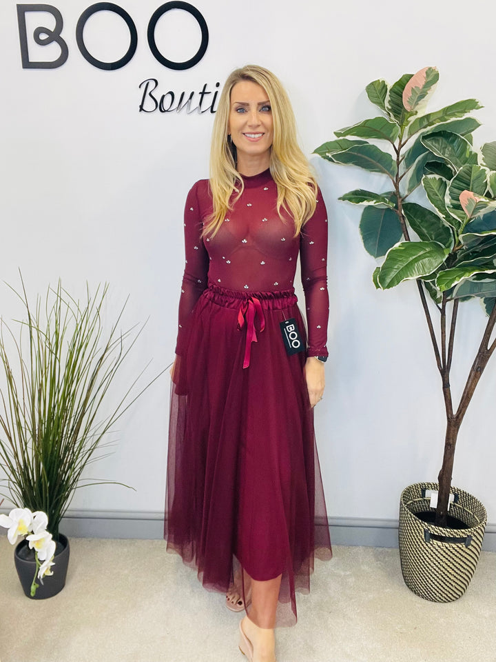 LADIES SHEER DIAMANTE BODYSUIT - BLACK, WINE, BROWN