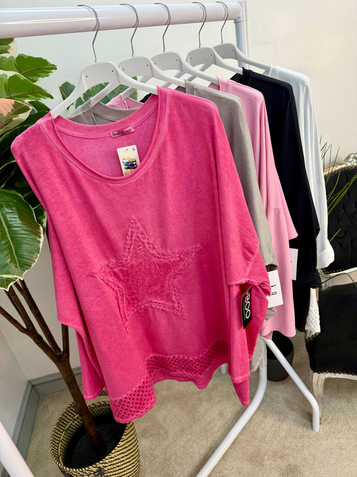 Ladies Fashion Oversize Star Sweatshirt style Top - black, white, pink, raspberry & grey
