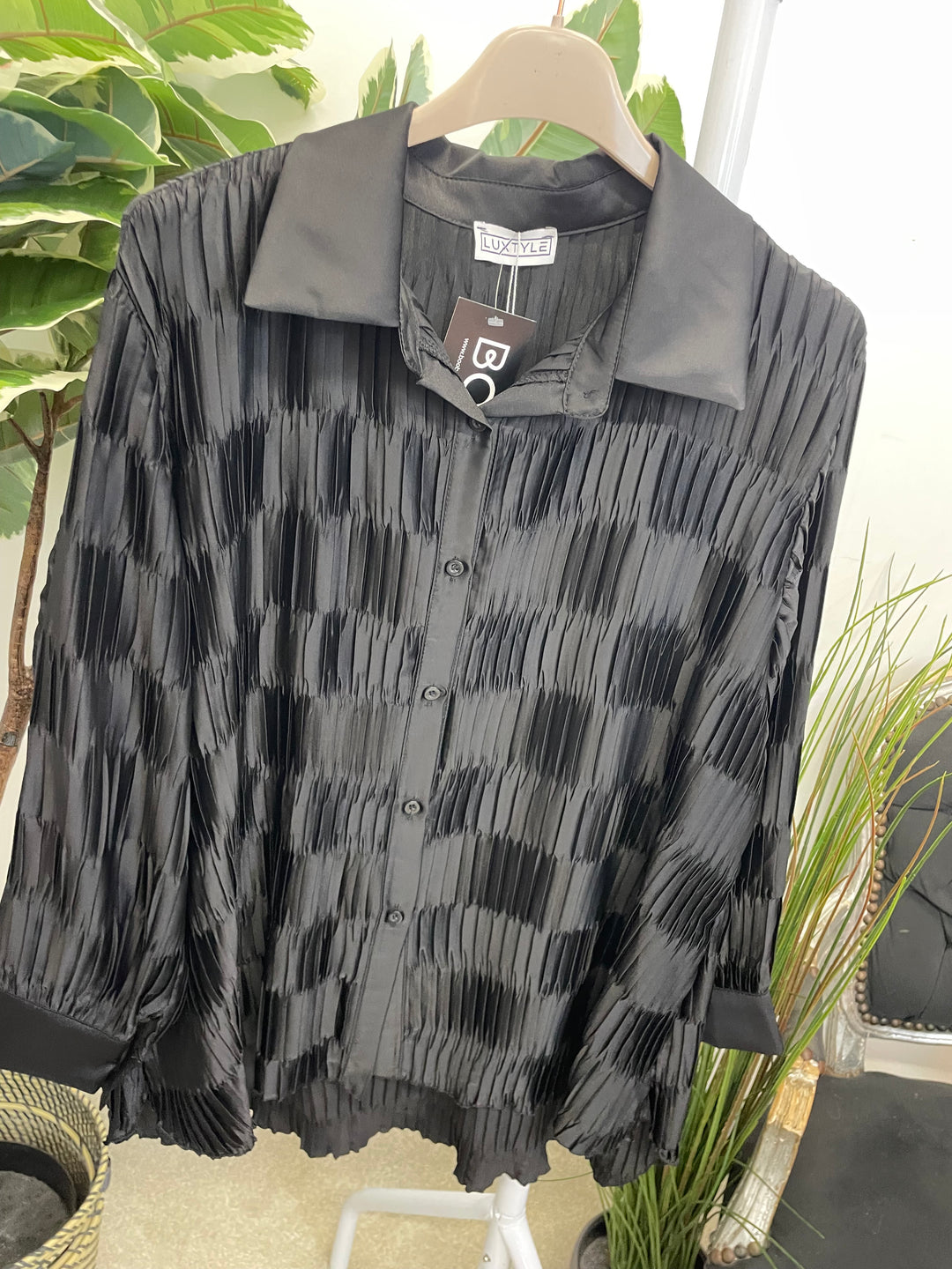 LADIES PLEATED OVERSIZE SHIRT BLOUSE - BLACK, PLUM & BROWN