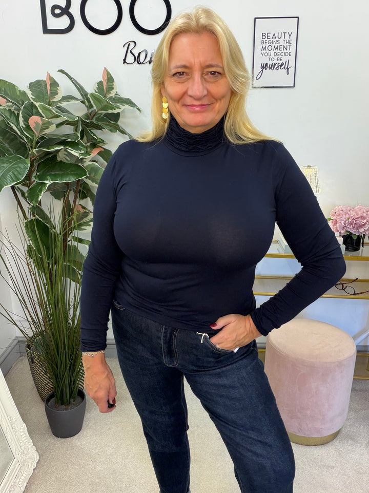 Women’s ruffle roll neck basic layering top navy