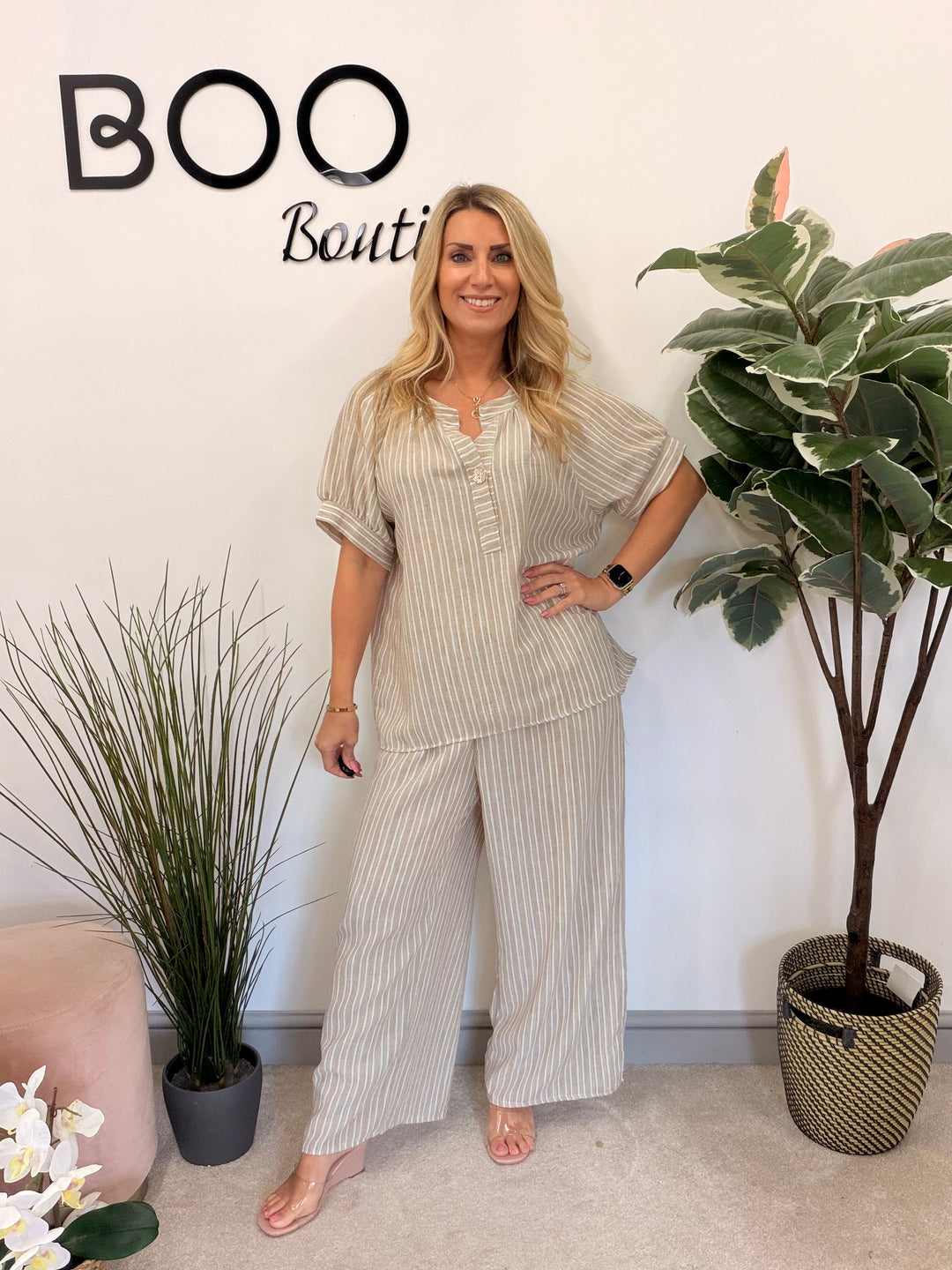 Ladies Fashion Stripe Wide Leg Trouser Co Ord Set - Khaki, Blue, White & Beige