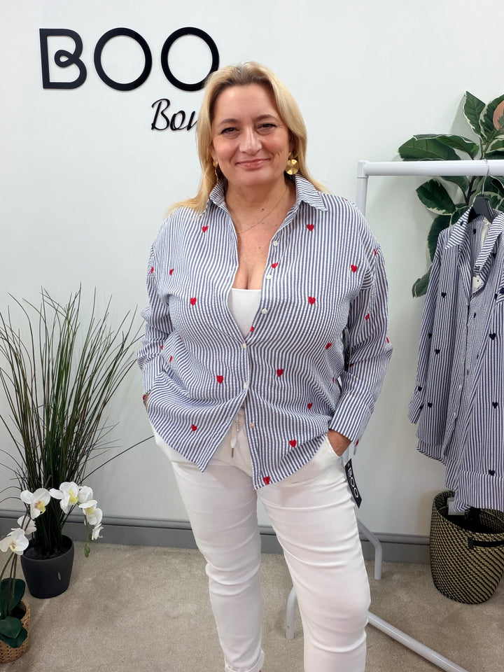 Ladies Fashion Pinstripe Shirt - Navy, Blue & Beige