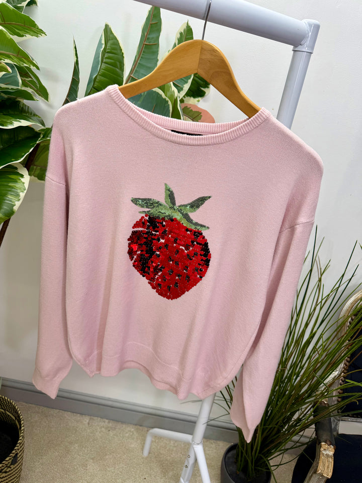 LADIES SEQUIN STRAWBERRY JUMPER - LEMON & PINK