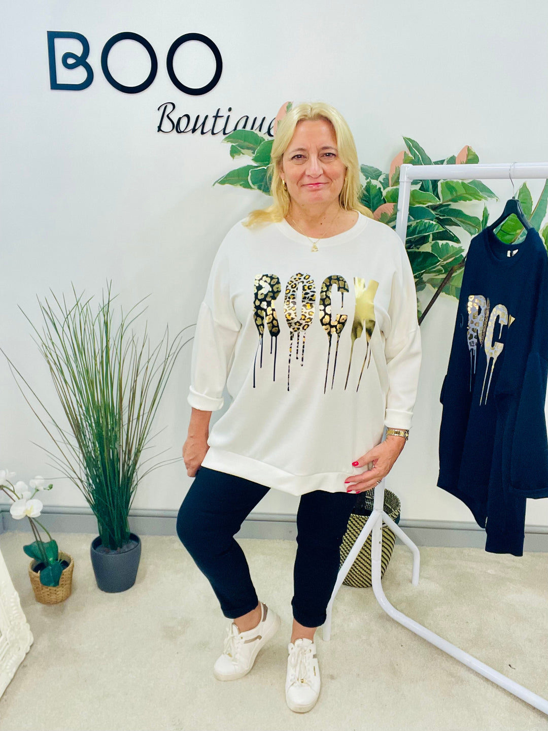 LADIES HOODIE STYLE LOOSE FIT TOP - WHITE & NAVY