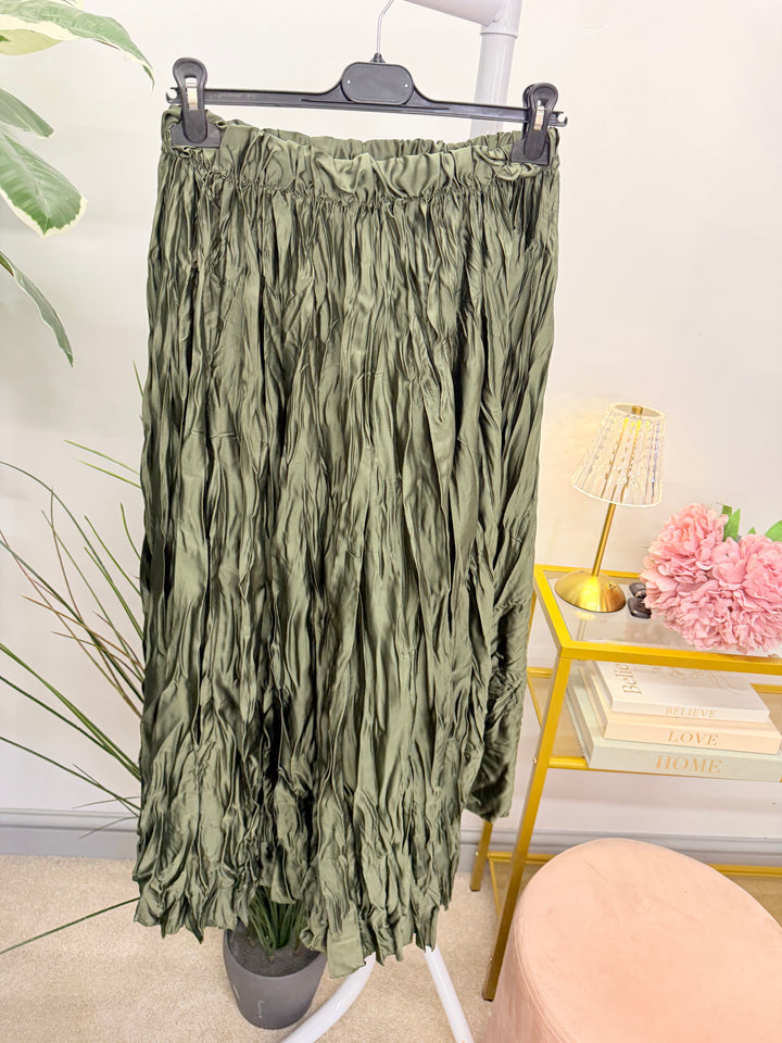 Ladies Fashion Satin Crinkle Maxi Skirt - Black, Navy, Brown, Khaki & Lime