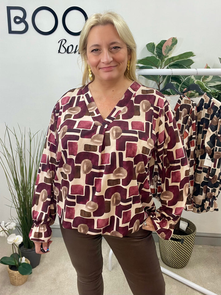 LADIES RETRO PRINT TOP BLOUSE - BLACK, BROWN, BURGUNDY