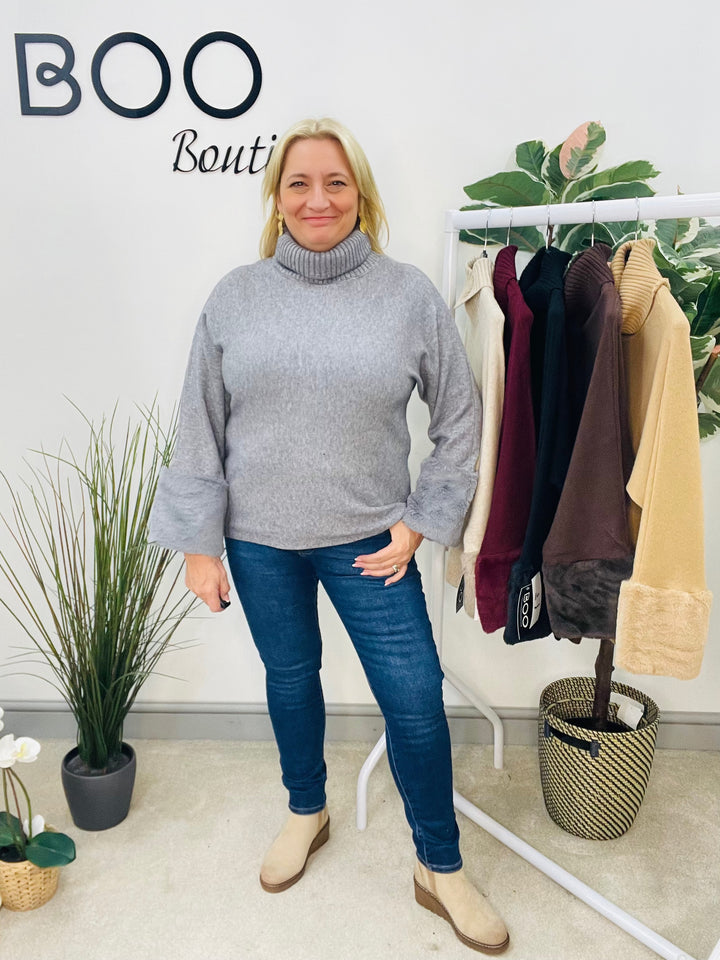 LADIES KNITTED FAUX FUR CUFF JUMPER - BURGUNDY, GREY, BLACK, BROWN, BEIGE, CAMEL
