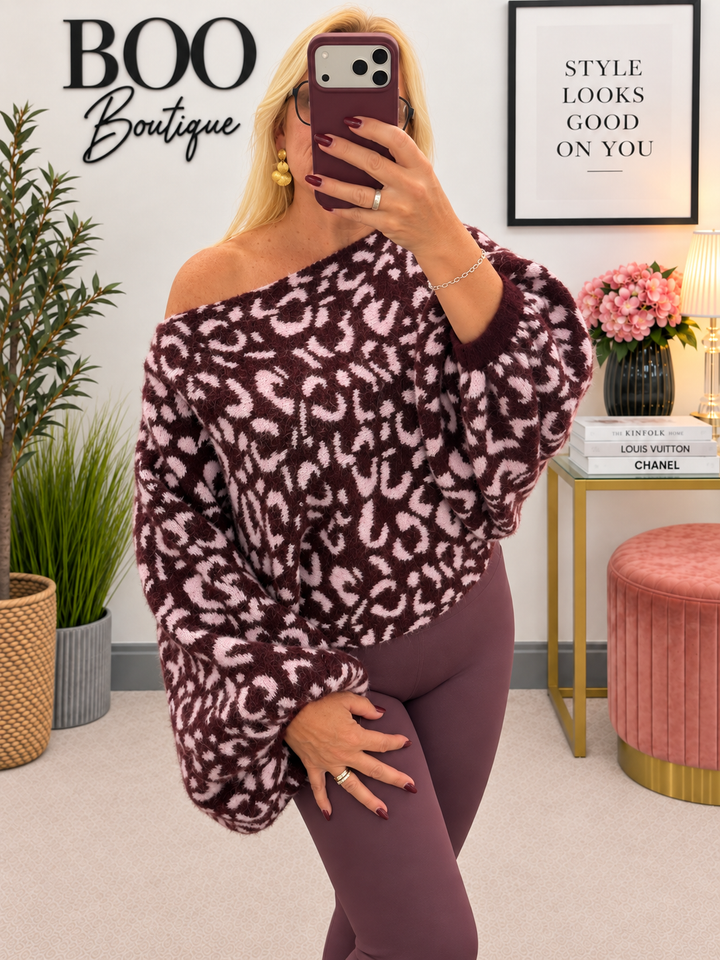 Womens Animal Print Slouch Knit Jumper - Lime, Blue, Plum & Wine