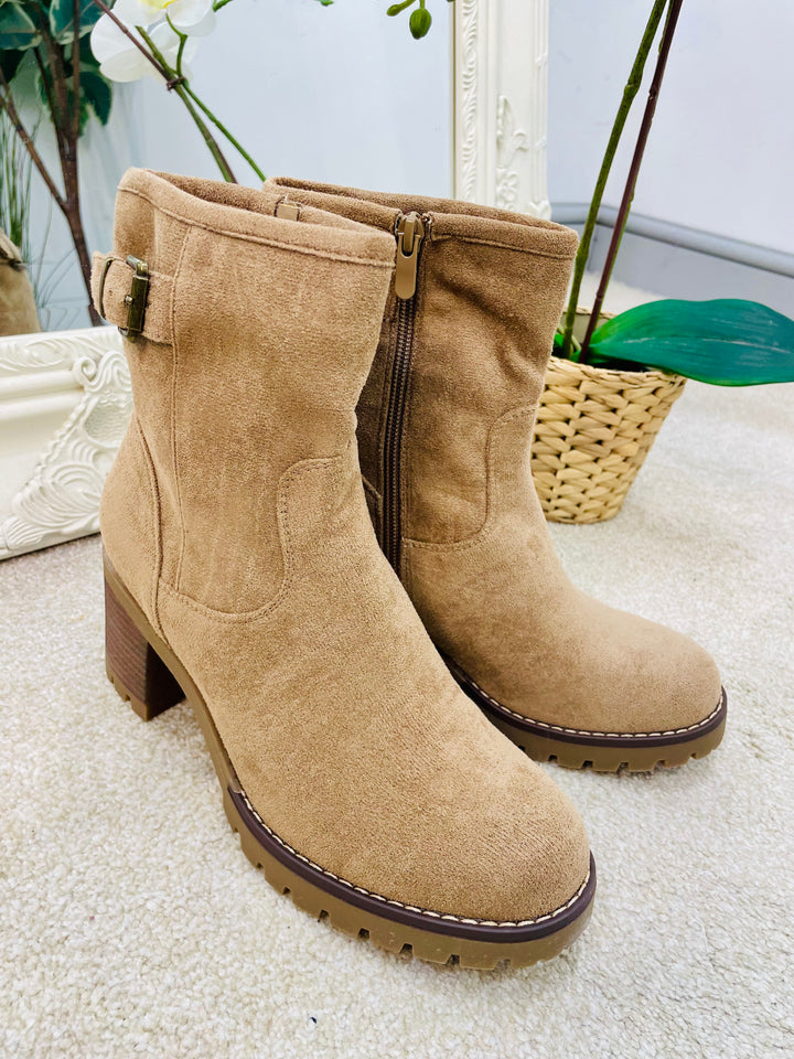 LADIES FASHION CAMEL BEIGE FAUX SUEDE MID HEEL ANKLE BOOTS 