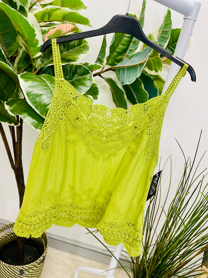 LADIES PRETTY CROCHET LACE CAMI TOP - YELLOW, PINK, WHITE, TURQUOISE, LIME & ORANGE