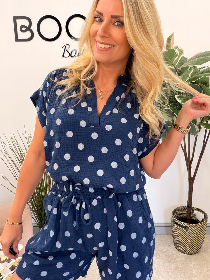 Ladies Fashion Polka Dot Shorts Co Ord Set - Blue, Navy, Pink