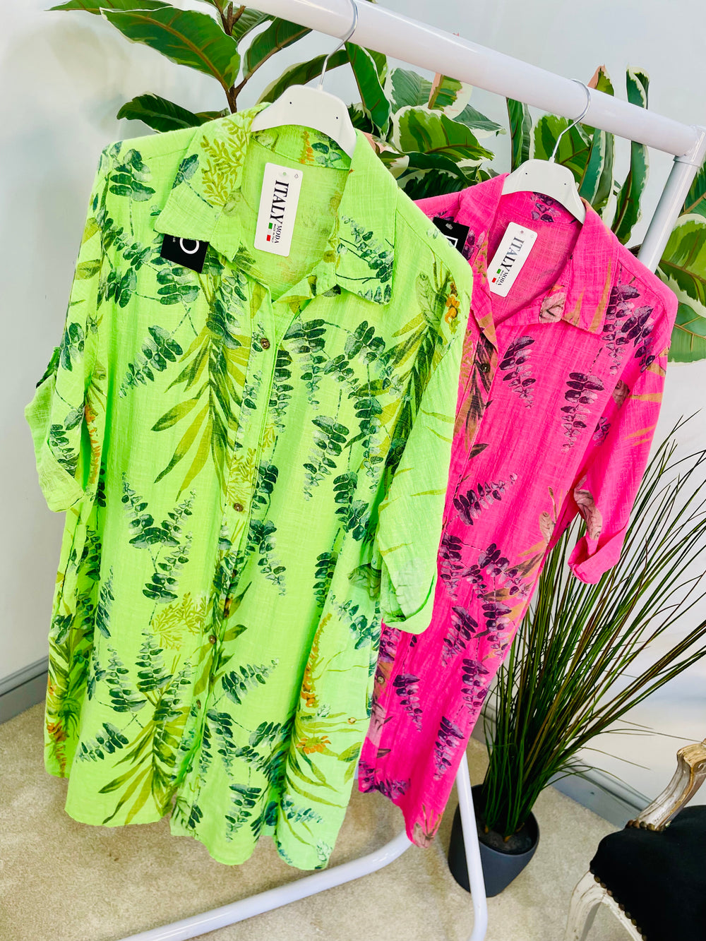 LADIES LINEN SUMMER SHIRT BUTTON UP HOLIDAY DRESS - PINK & GREEN