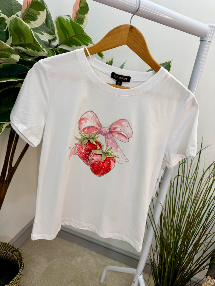 LADIES WHITE STRAWBERRY LOGO STRETCH T SHIRT