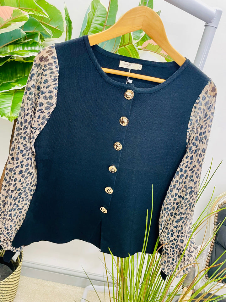 LADIES KNITTED LEOPARD SLEEVE CARDIGAN TOP - BLACK, WINE, BROWN