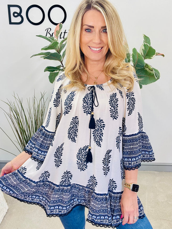 LADIES WOMENS NAVY & WHITE PAISLEY PRINT SMOCK SUMMER HOLIDAY TOP BLOUSE
